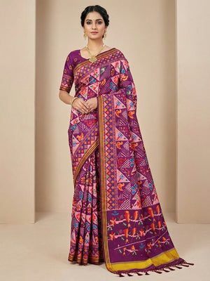 Purple Handloom Silk Saree with Ethnic Traditional Patola Pattern for Special Occasions - Image 1