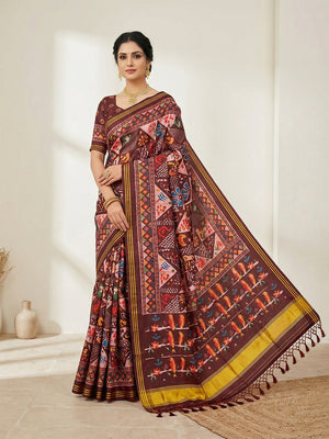 Brown Handloom Silk Saree with Ethnic Traditional Patola Pattern for Special Occasions - Image 1