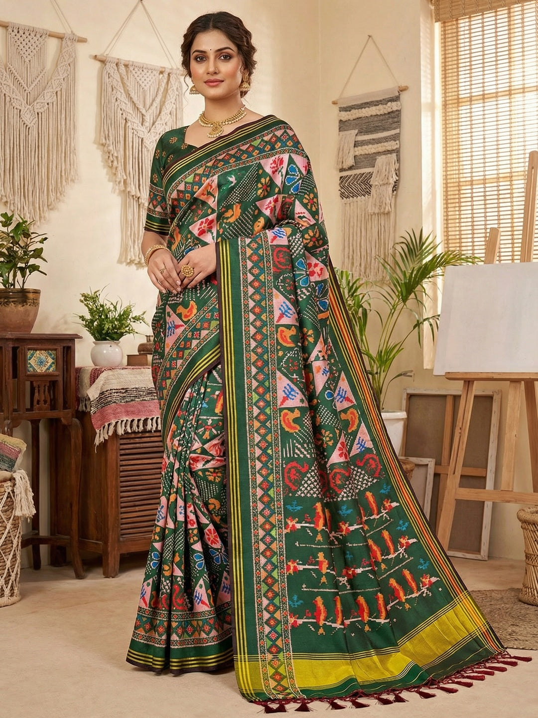 Green Handloom Silk Saree with Ethnic Traditional Patola Pattern for Special Occasions - Image 1