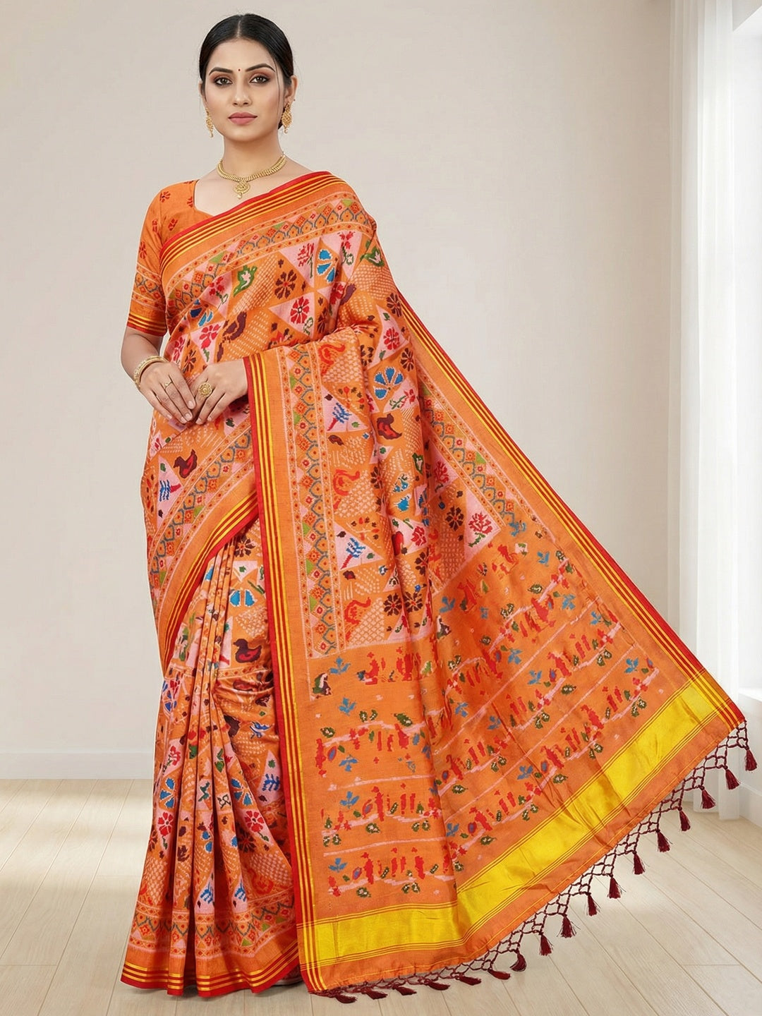 Orange Handloom Silk Saree with Ethnic Traditional Patola Pattern for Special Occasions - Image 1