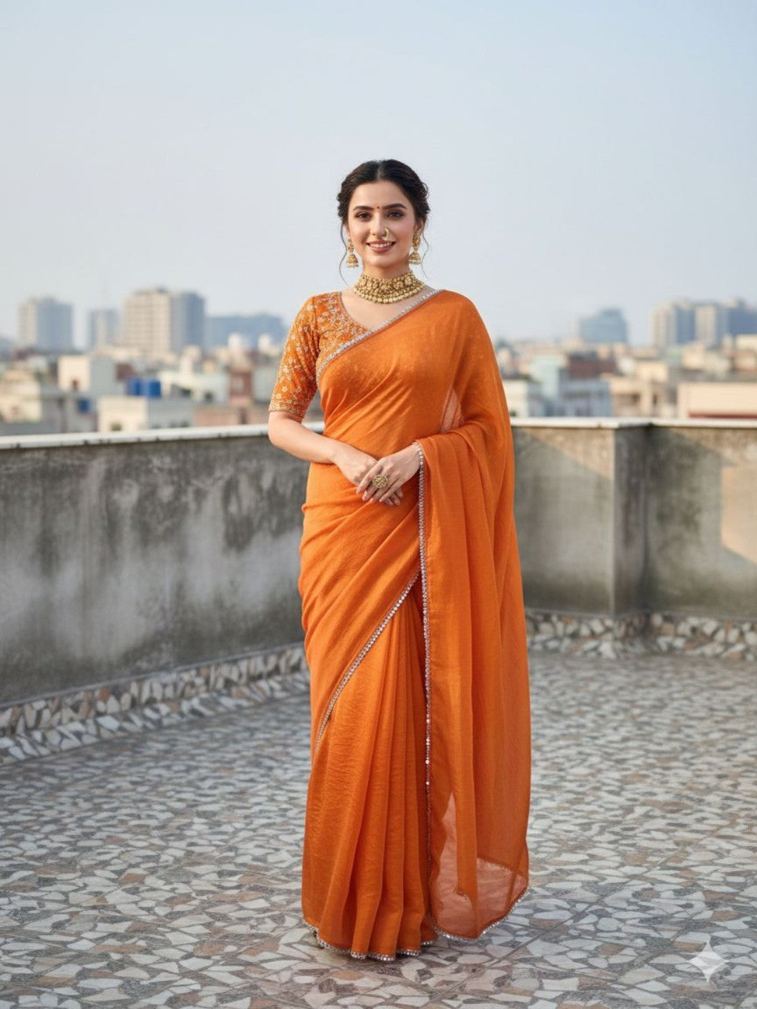 Party Wear Orange Satin Saree with Shimmer Mirror Work Border and Smooth Satin Finish - Image 1