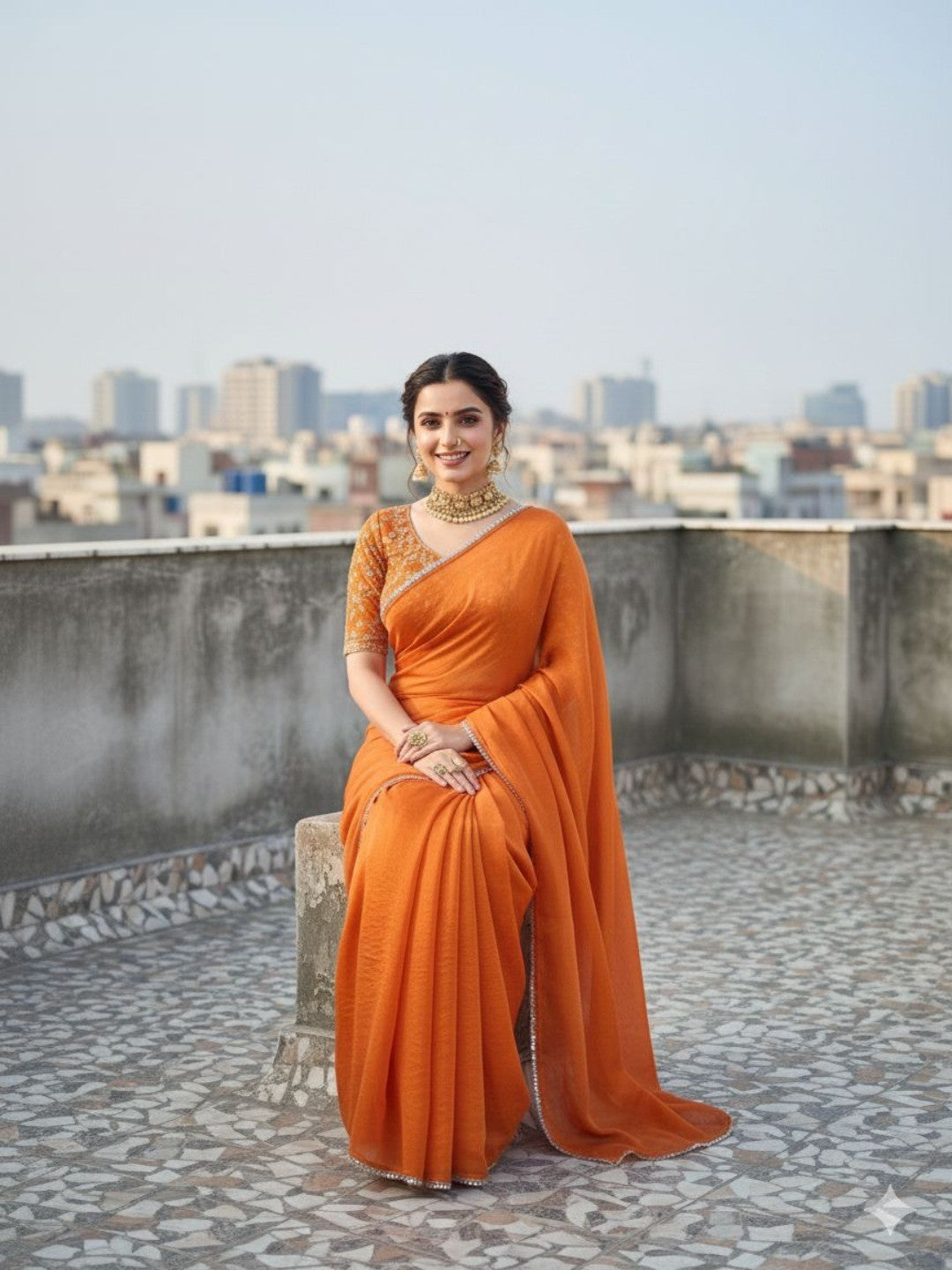Party Wear Orange Satin Saree with Shimmer Mirror Work Border and Smooth Satin Finish - Image 5