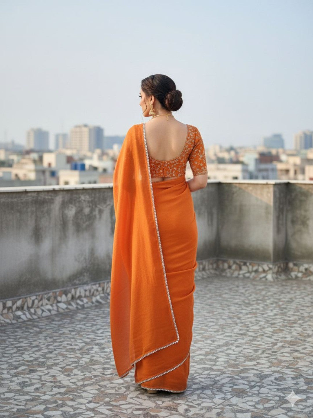 Party Wear Orange Satin Saree with Shimmer Mirror Work Border and Smooth Satin Finish - Image 4