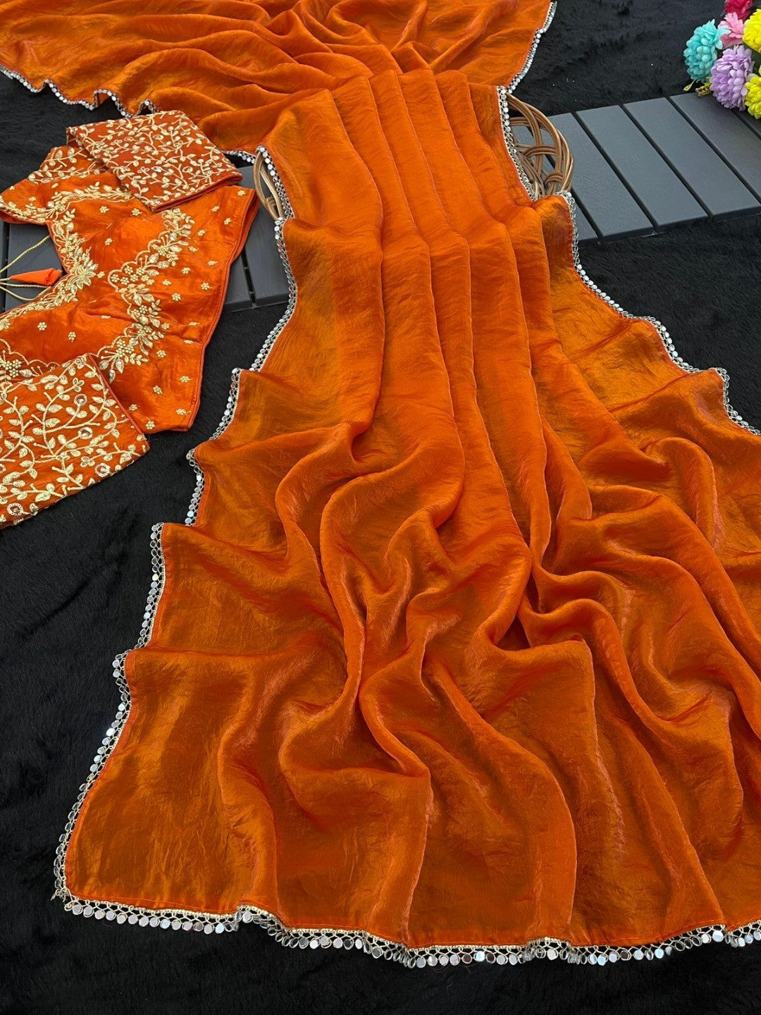 Party Wear Orange Satin Saree with Shimmer Mirror Work Border and Smooth Satin Finish - Image 4