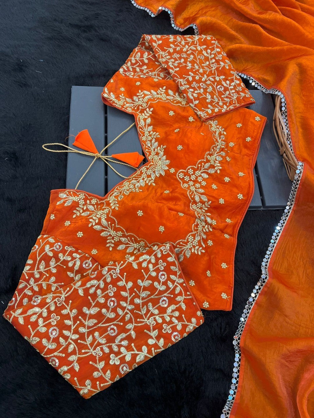 Party Wear Orange Satin Saree with Shimmer Mirror Work Border and Smooth Satin Finish - Image 2