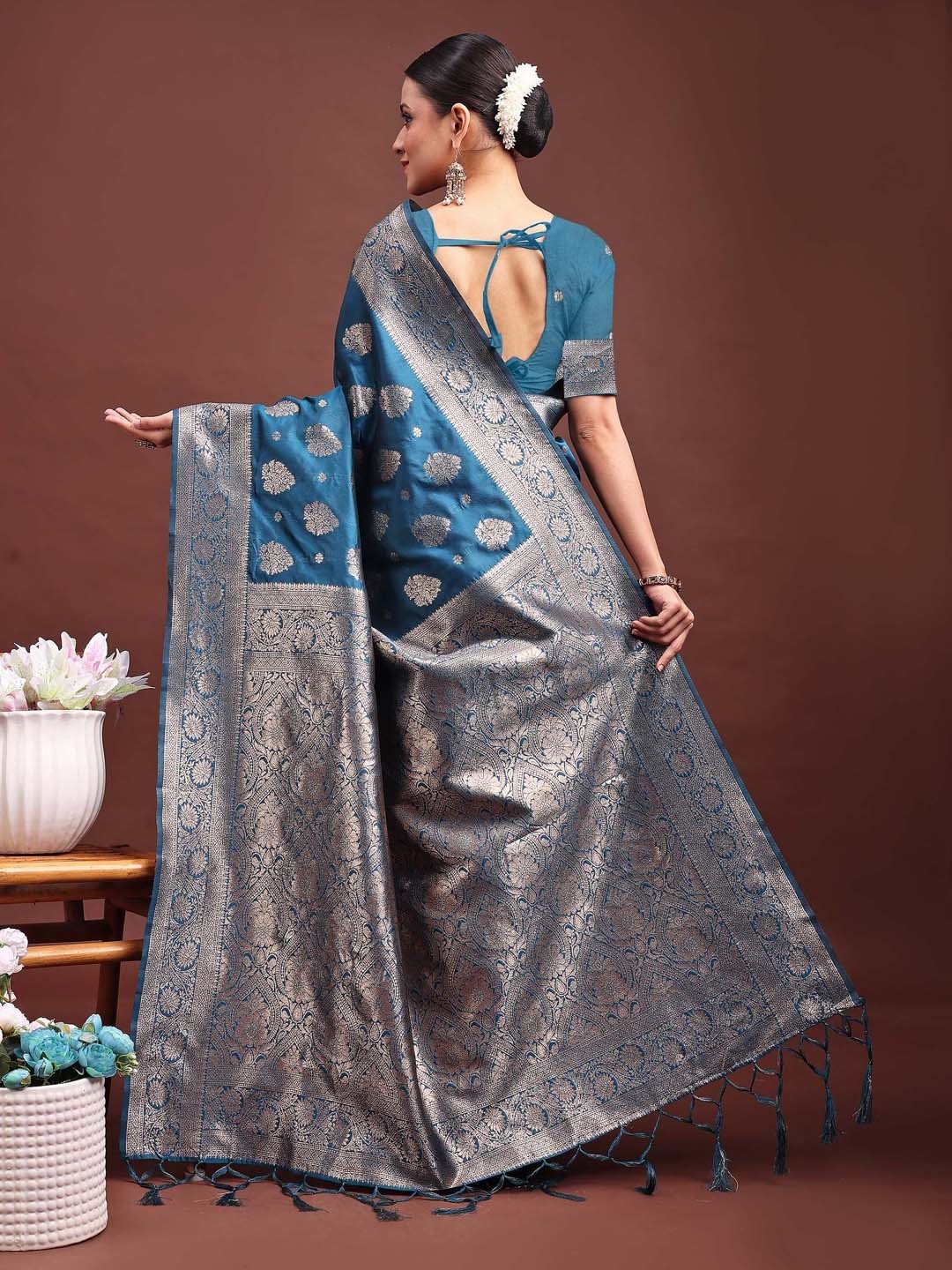 Teal Banarasi Silk Saree with Intricate Silver Zari Weaving for Festive Elegance - Image 3