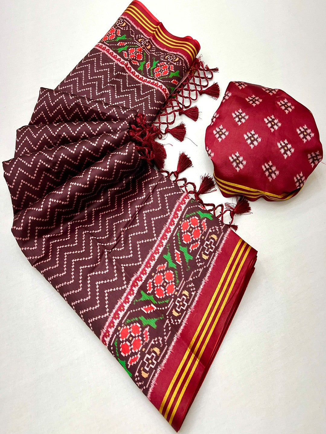 Traditional Brown Patola Print Handloom Silk Saree with Pallu Tassel Detailing - Image 2