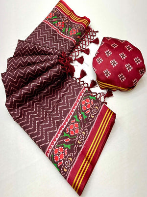 Traditional Brown Patola Print Handloom Silk Saree with Pallu Tassel Detailing - Image 2