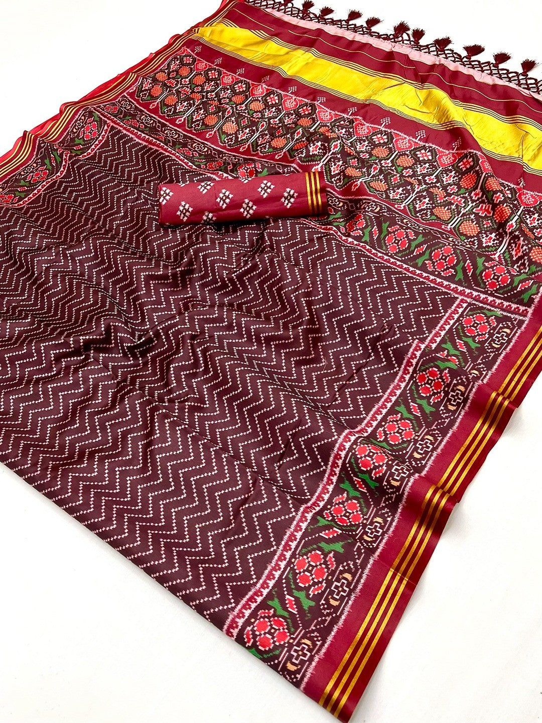 Traditional Brown Patola Print Handloom Silk Saree with Pallu Tassel Detailing - Image 3