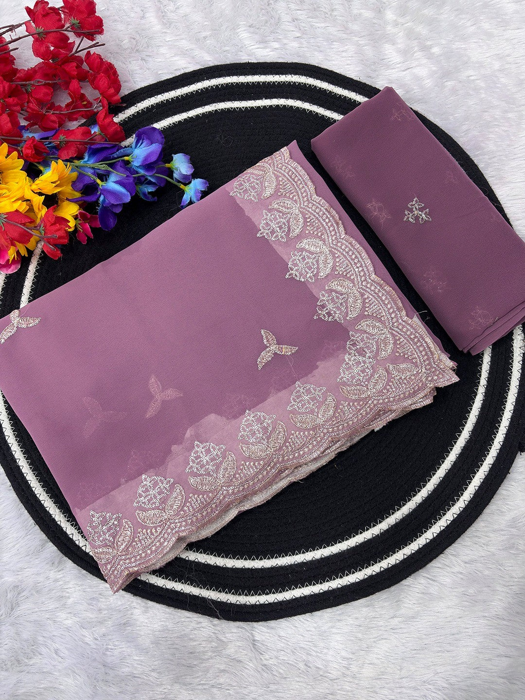 Graceful Onion Pink Georgette Saree Featuring Floral Zari Embroidery & Delicate Sequins Work - Image 2