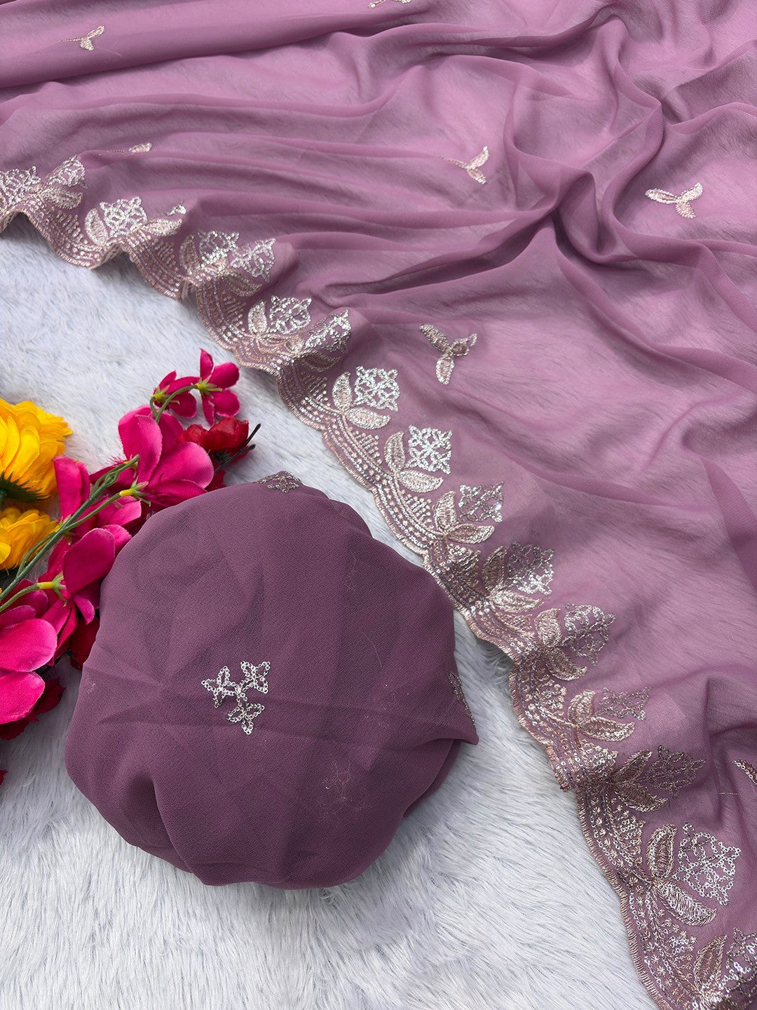 Graceful Onion Pink Georgette Saree Featuring Floral Zari Embroidery & Delicate Sequins Work - Image 4