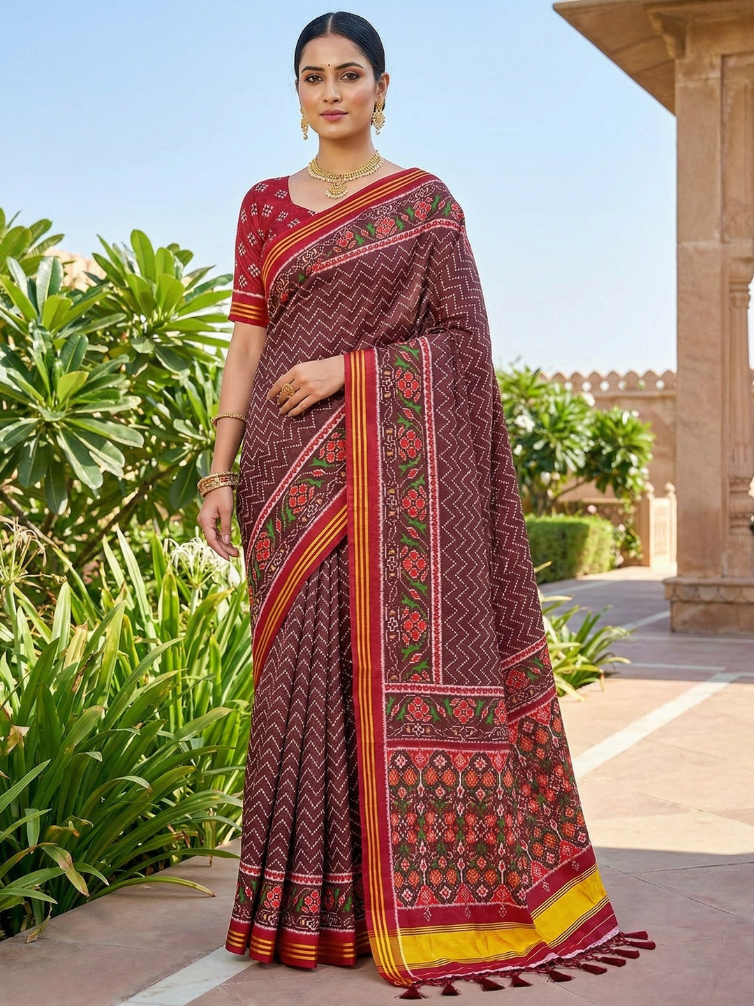 Traditional Brown Patola Print Handloom Silk Saree with Pallu Tassel Detailing - Image 1