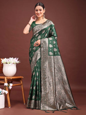 Teal Banarasi Silk Saree with Intricate Silver Zari Weaving for Festive Elegance - Image 1