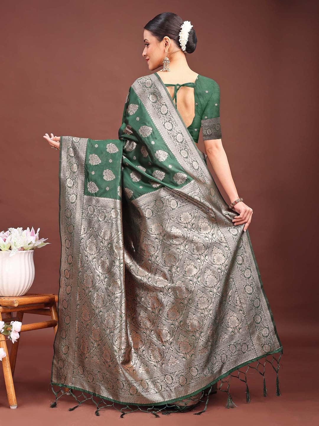 Teal Banarasi Silk Saree with Intricate Silver Zari Weaving for Festive Elegance - Image 3