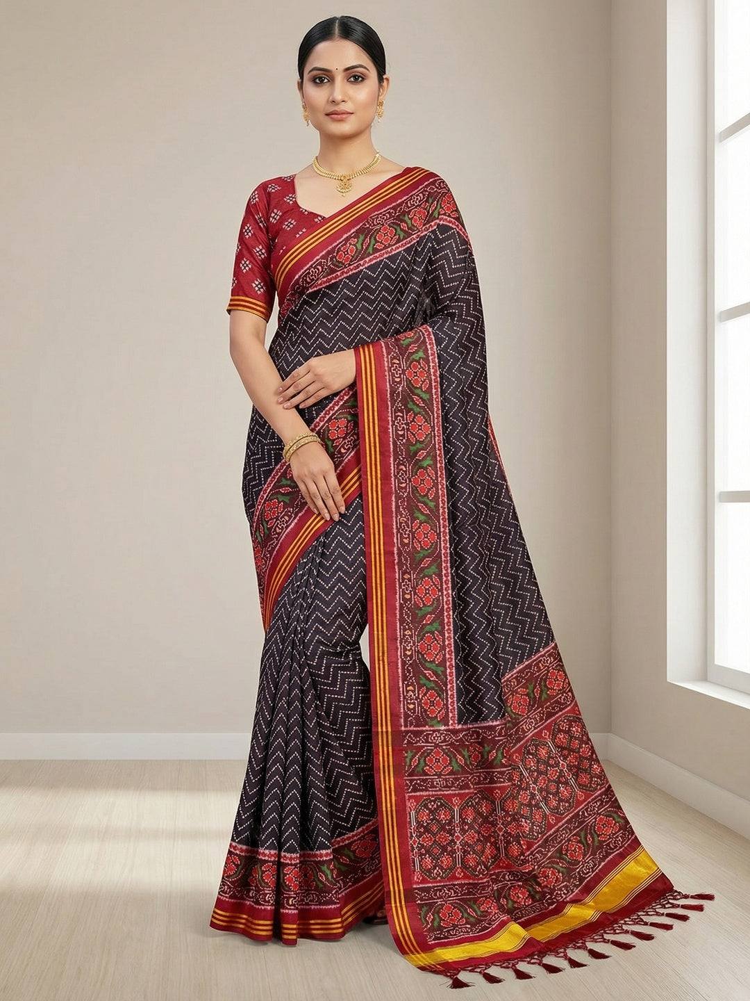 Traditional Black Patola Print Handloom Silk Saree with Pallu Tassel Detailing - Image 1