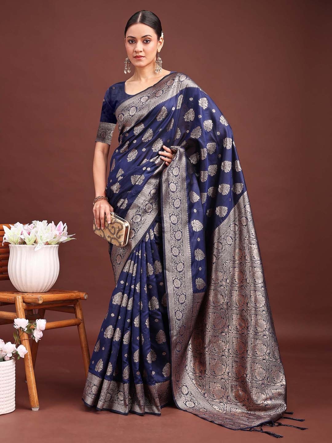 Navy Blue Banarasi Silk Saree with Intricate Silver Zari Weaving for Festive Elegance - Image 1