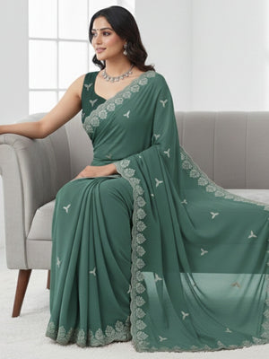 Graceful Green Georgette Saree Featuring Floral Zari Embroidery & Delicate Sequins Work - Image 1