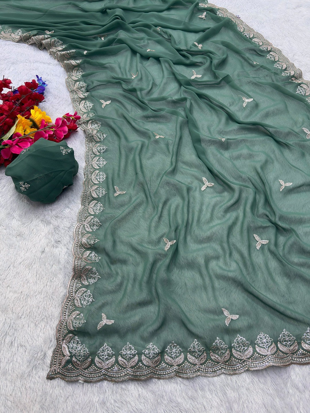 Graceful Green Georgette Saree Featuring Floral Zari Embroidery & Delicate Sequins Work - Image 2