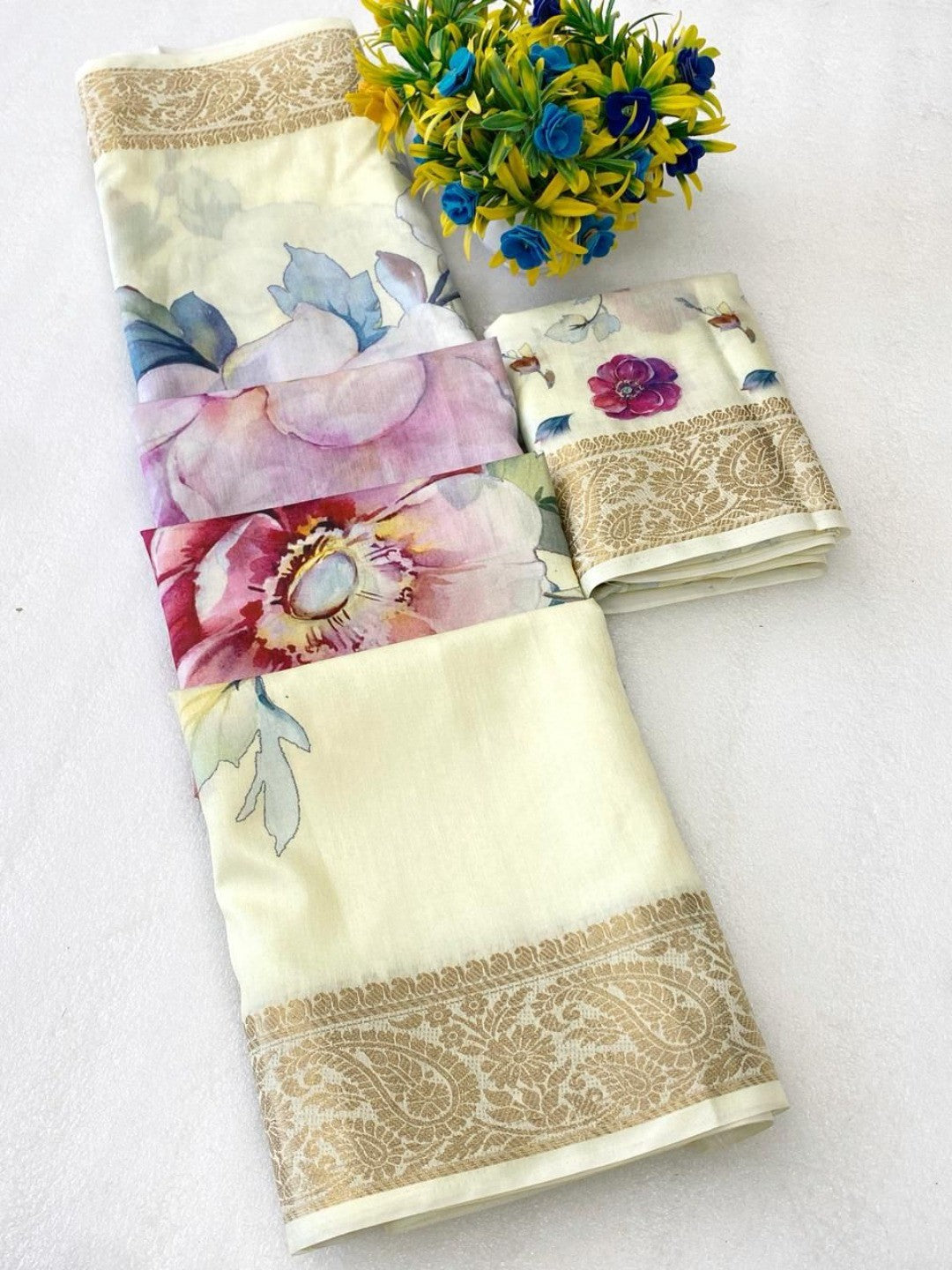 Timeless Cream Floral Digitally Printed Tussar Dola Silk Saree With Traditional Zari Weaving Border - Image 3