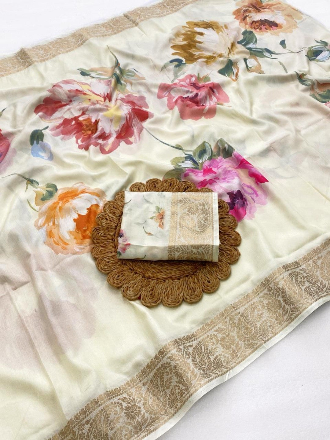 Elegant Cream Floral Digital Printed Tussar Dola Silk Saree Adorned With Rich Zari Weaving Border - Image 2