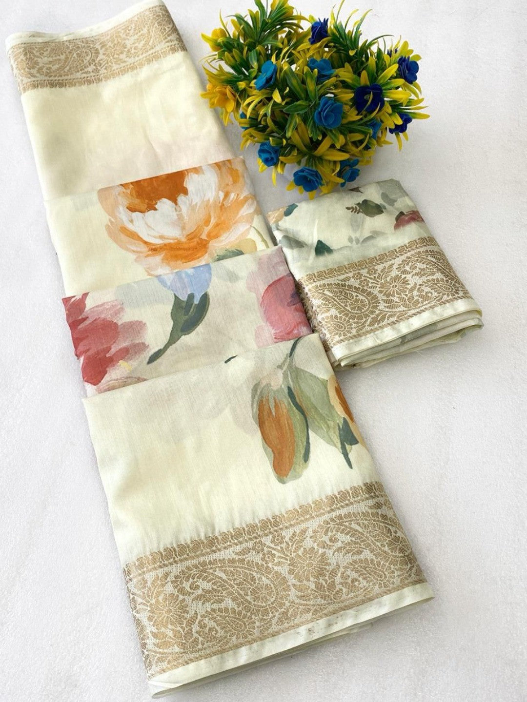 Elegant Cream Floral Digital Printed Tussar Dola Silk Saree Adorned With Rich Zari Weaving Border - Image 3