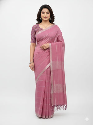 Graceful Pink Stripe Pattern Linen Saree Featuring Fine Self Zari Weaving With Tassel Pallu - Image 1