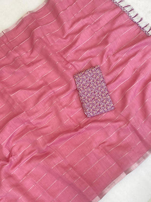 Graceful Pink Stripe Pattern Linen Saree Featuring Fine Self Zari Weaving With Tassel Pallu - Image 2