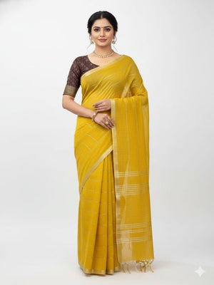 Graceful Yellow Stripe Pattern Linen Saree Featuring Fine Self Zari Weaving With Tassel Pallu - Image 1