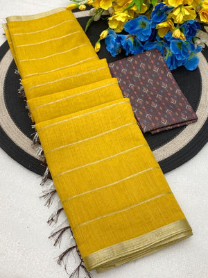 Graceful Yellow Stripe Pattern Linen Saree Featuring Fine Self Zari Weaving With Tassel Pallu - Image 2