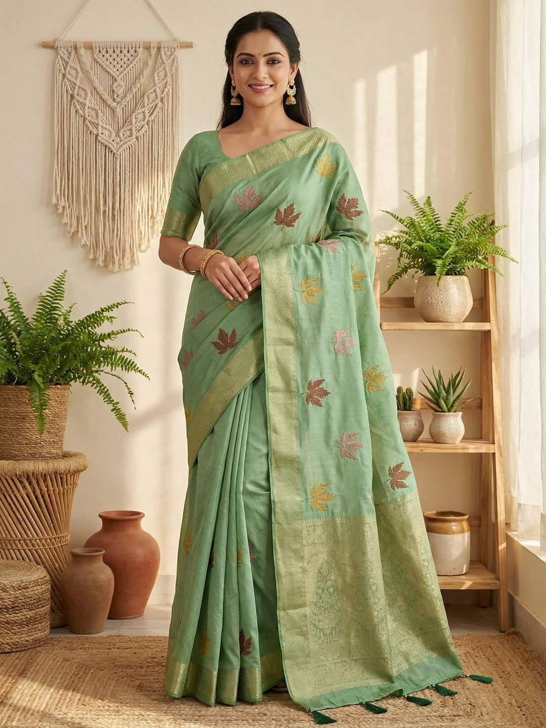 Sophisticated Pista Green Cotton Blend Saree Enhanced With Leaf Embroidery & Lustrous Zari Weaving - Image 1