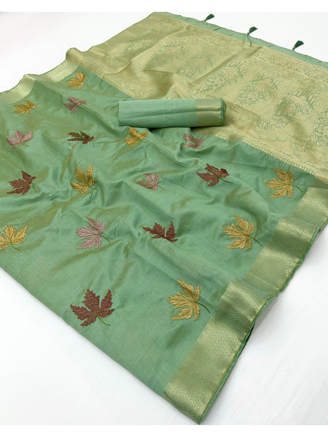Sophisticated Pista Green Cotton Blend Saree Enhanced With Leaf Embroidery & Lustrous Zari Weaving - Image 2