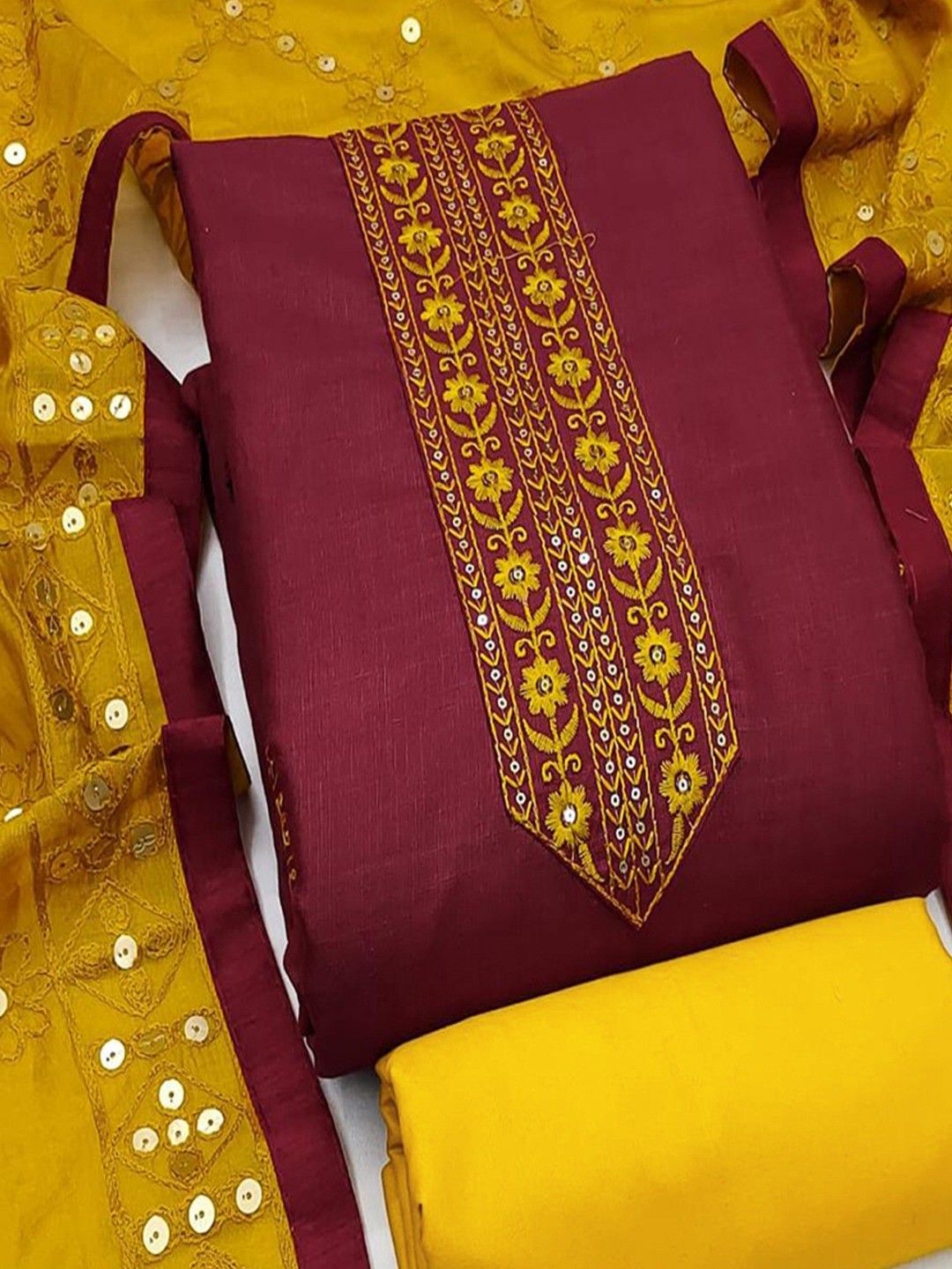 Elegant Maroon Cotton Blend Dress Material Adorned With Floral Embroidery & Delicate Sequins Work - Image 4