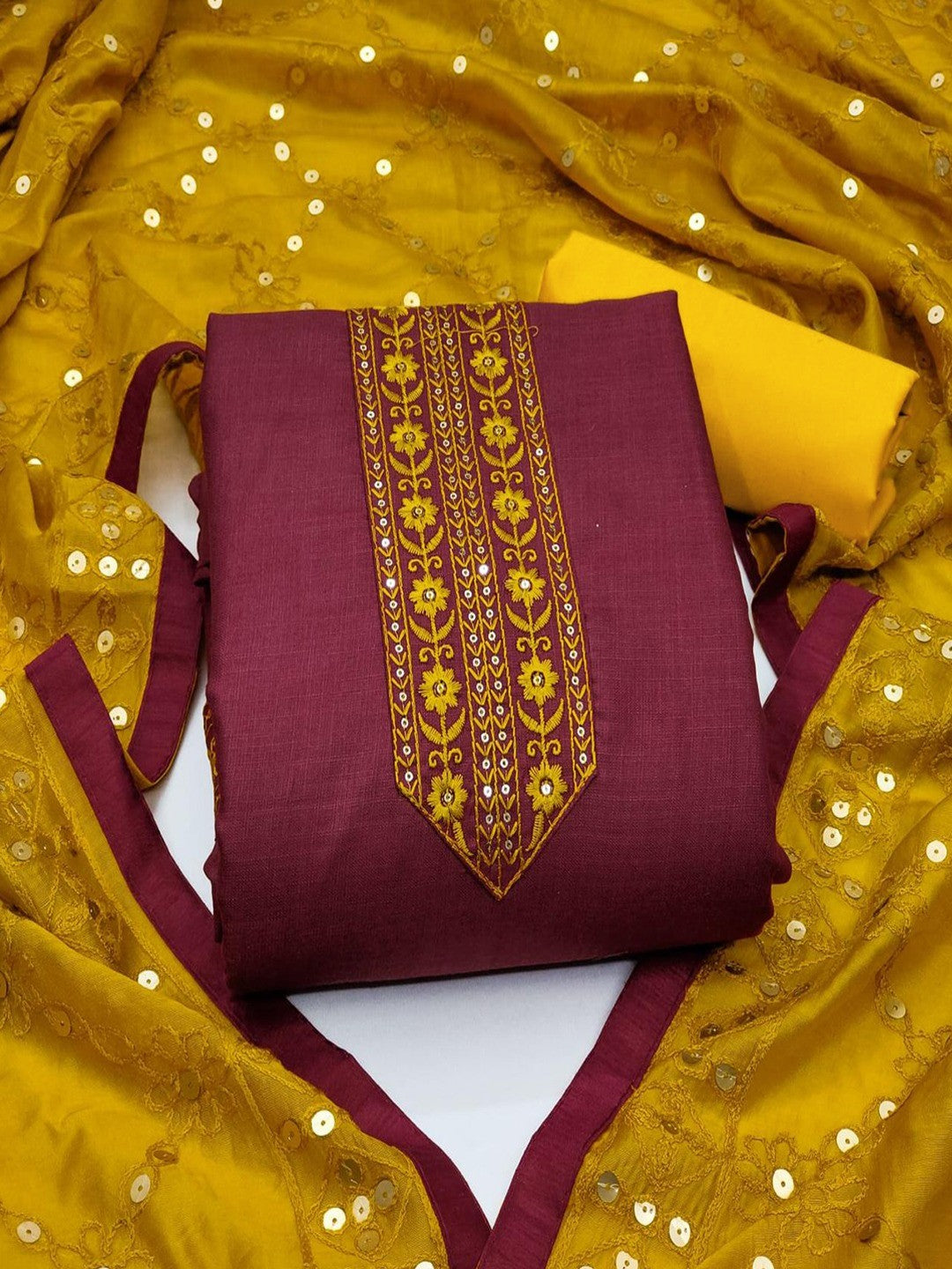 Elegant Maroon Cotton Blend Dress Material Adorned With Floral Embroidery & Delicate Sequins Work - Image 3