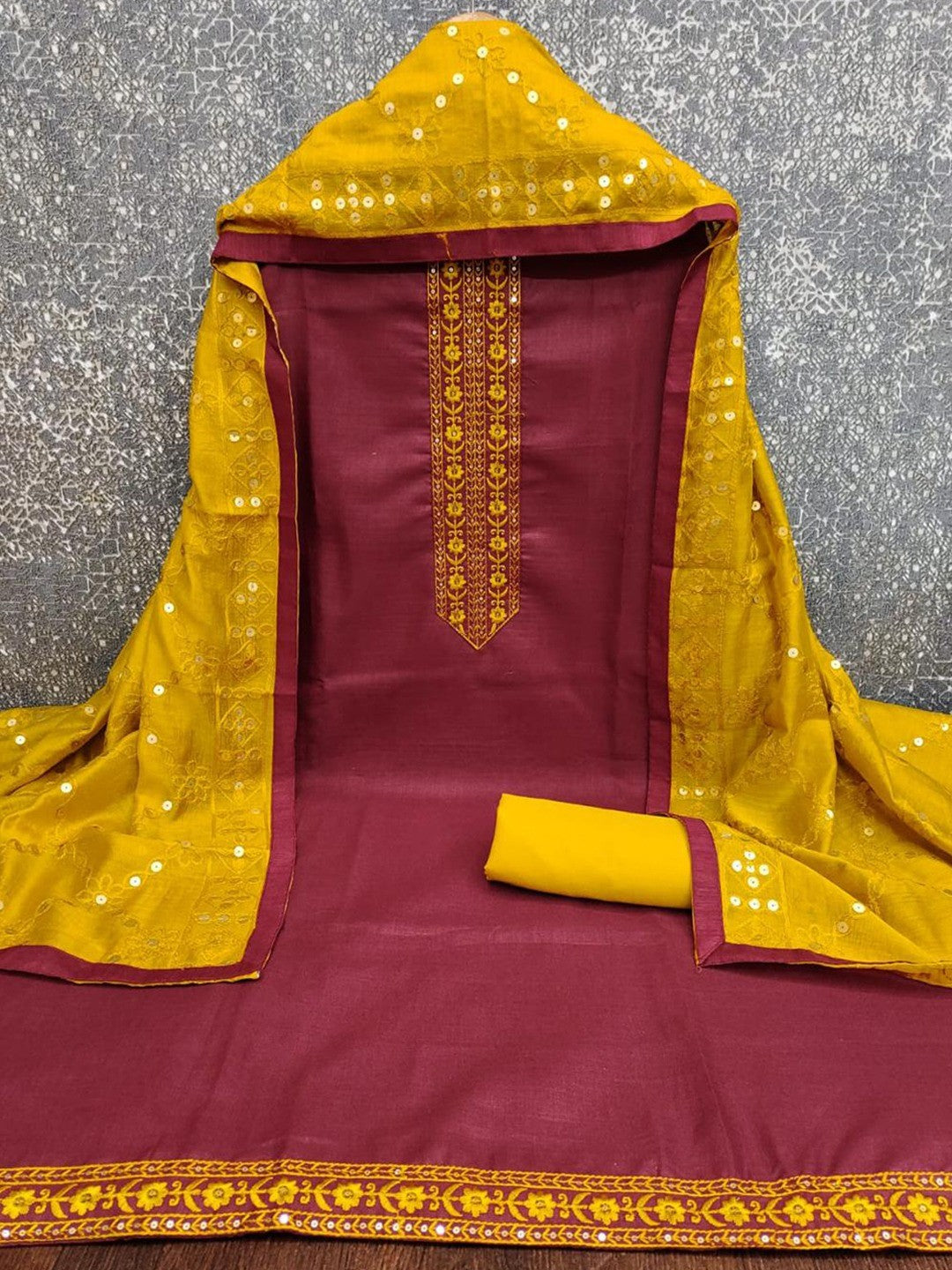 Elegant Maroon Cotton Blend Dress Material Adorned With Floral Embroidery & Delicate Sequins Work - Image 3