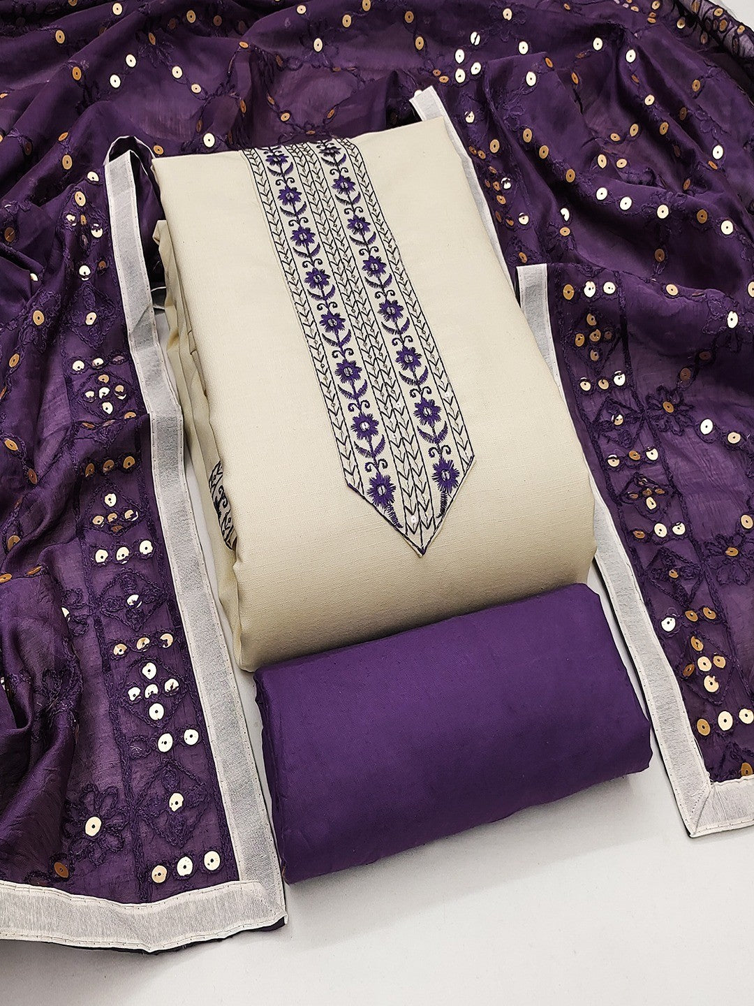 Elegant Cream Cotton Blend Dress Material Adorned With Floral Embroidery & Delicate Sequins Work - Image 1