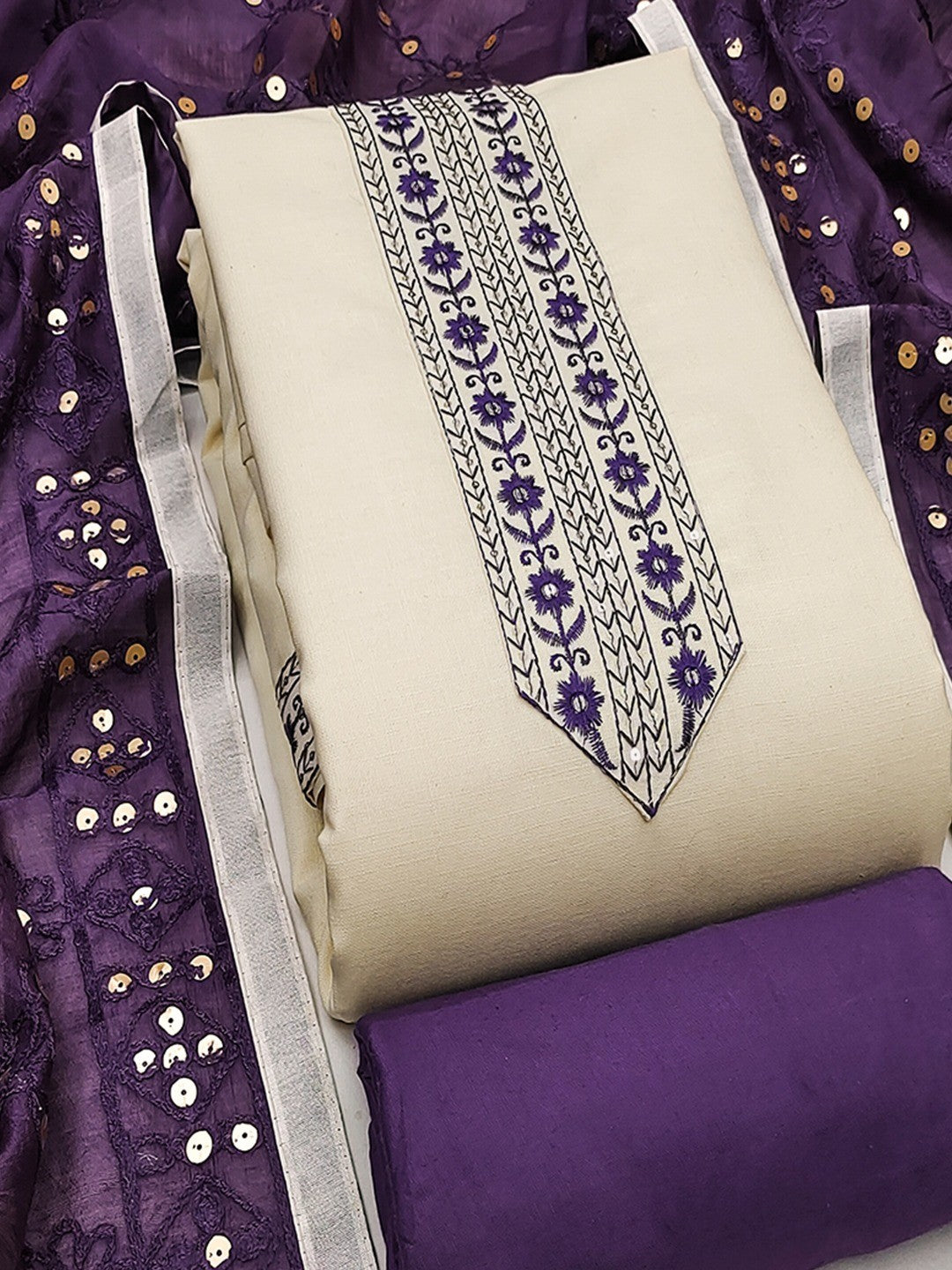 Elegant Cream Cotton Blend Dress Material Adorned With Floral Embroidery & Delicate Sequins Work - Image 2