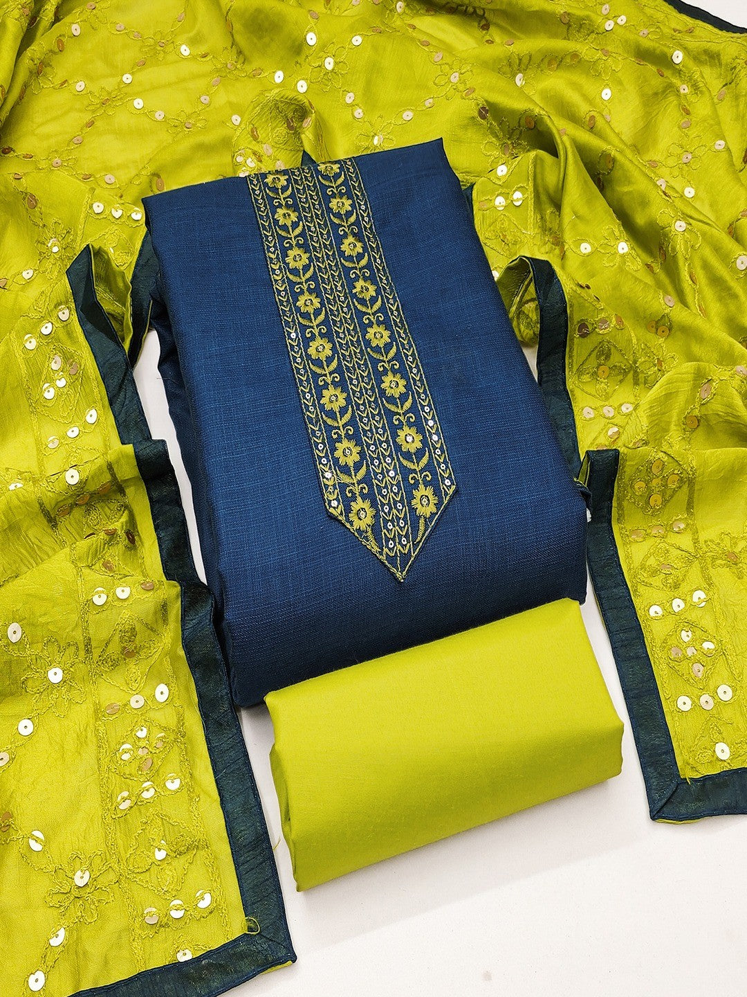 Elegant Blue Cotton Blend Dress Material Adorned With Floral Embroidery & Delicate Sequins Work - Image 1