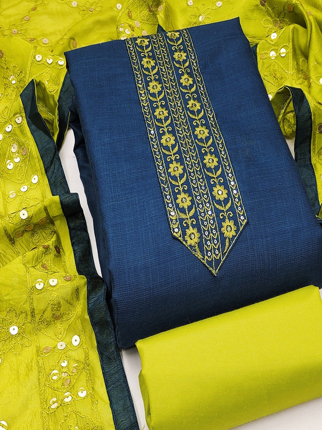 Elegant Blue Cotton Blend Dress Material Adorned With Floral Embroidery & Delicate Sequins Work - Image 4