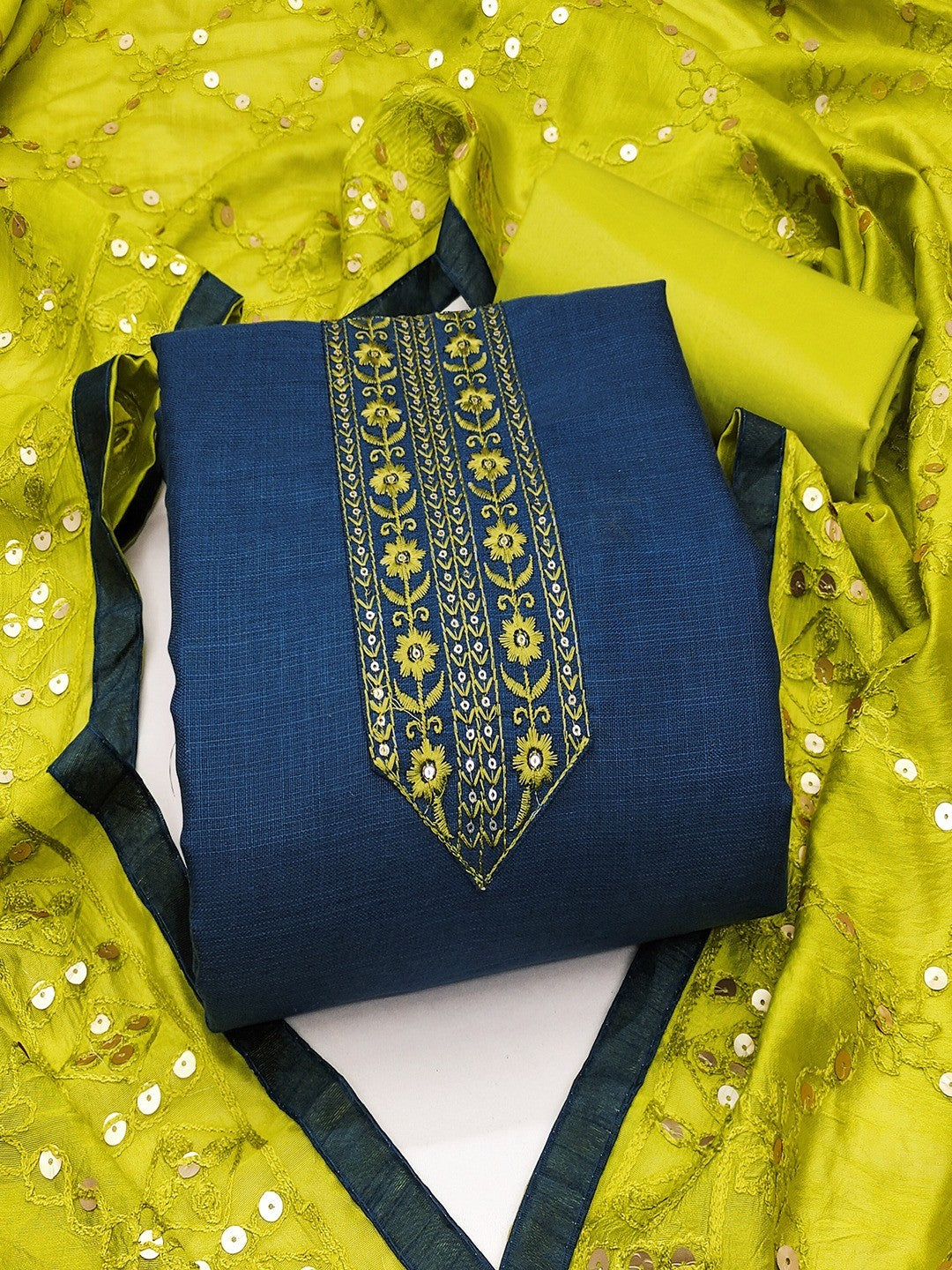 Elegant Blue Cotton Blend Dress Material Adorned With Floral Embroidery & Delicate Sequins Work - Image 2