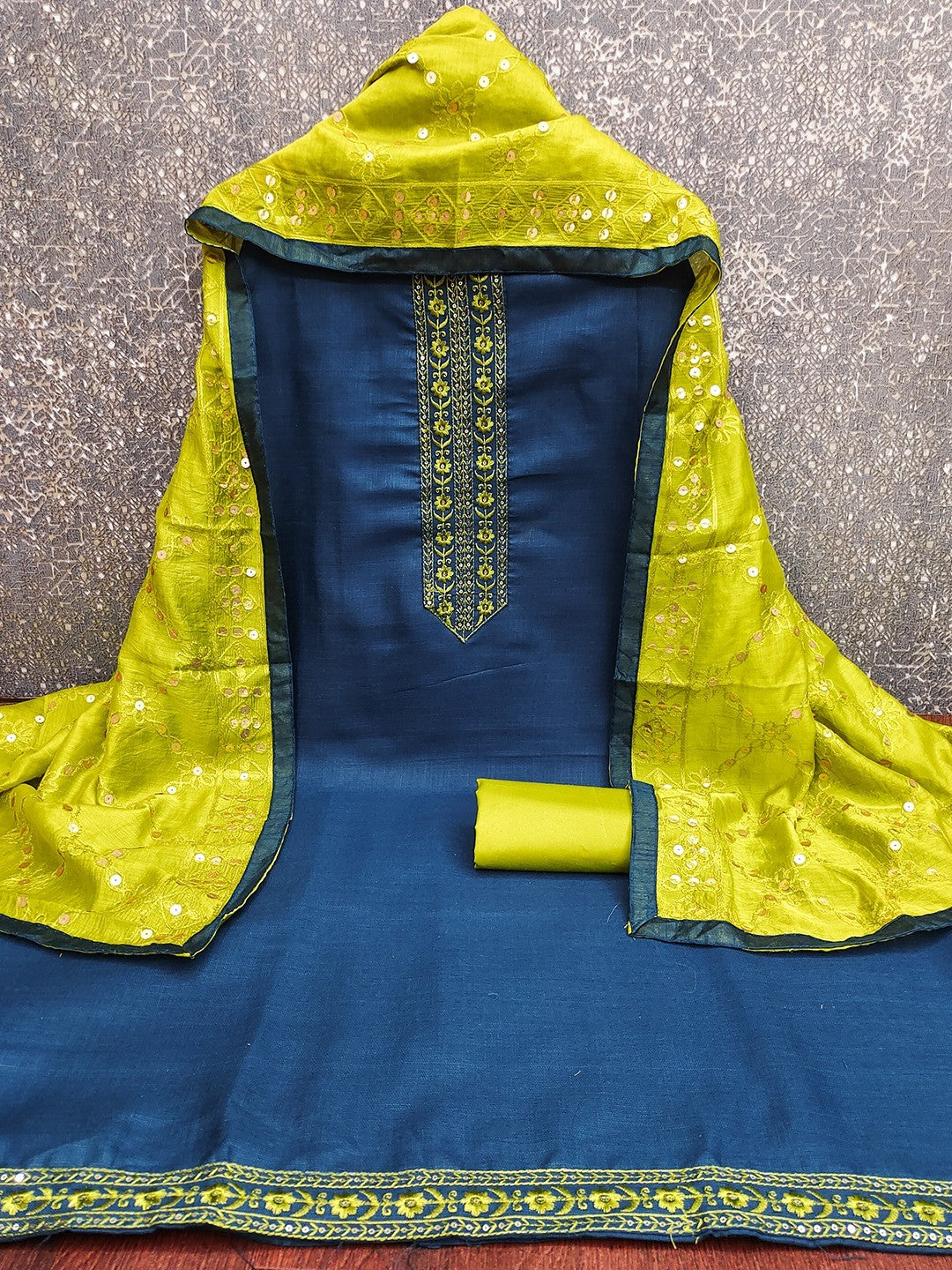 Elegant Blue Cotton Blend Dress Material Adorned With Floral Embroidery & Delicate Sequins Work - Image 3