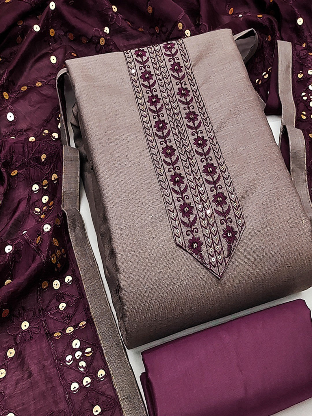 Elegant Misty Mauve Cotton Blend Dress Material Adorned With Floral Embroidery & Delicate Sequins - Image 5
