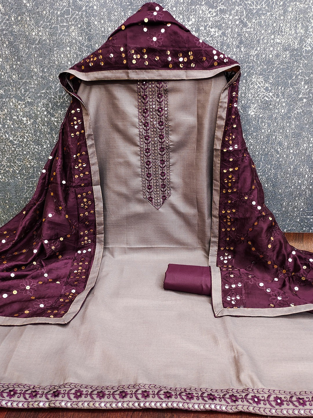 Elegant Misty Mauve Cotton Blend Dress Material Adorned With Floral Embroidery & Delicate Sequins - Image 3