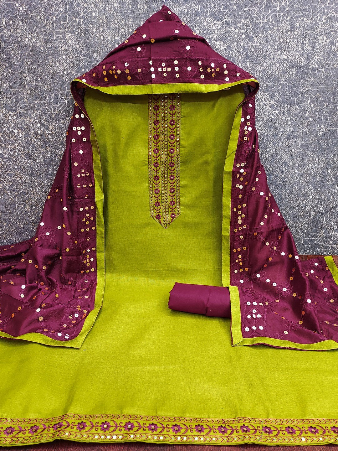 Elegant Green Cotton Blend Dress Material Adorned With Floral Embroidery & Delicate Sequins Work - Image 3