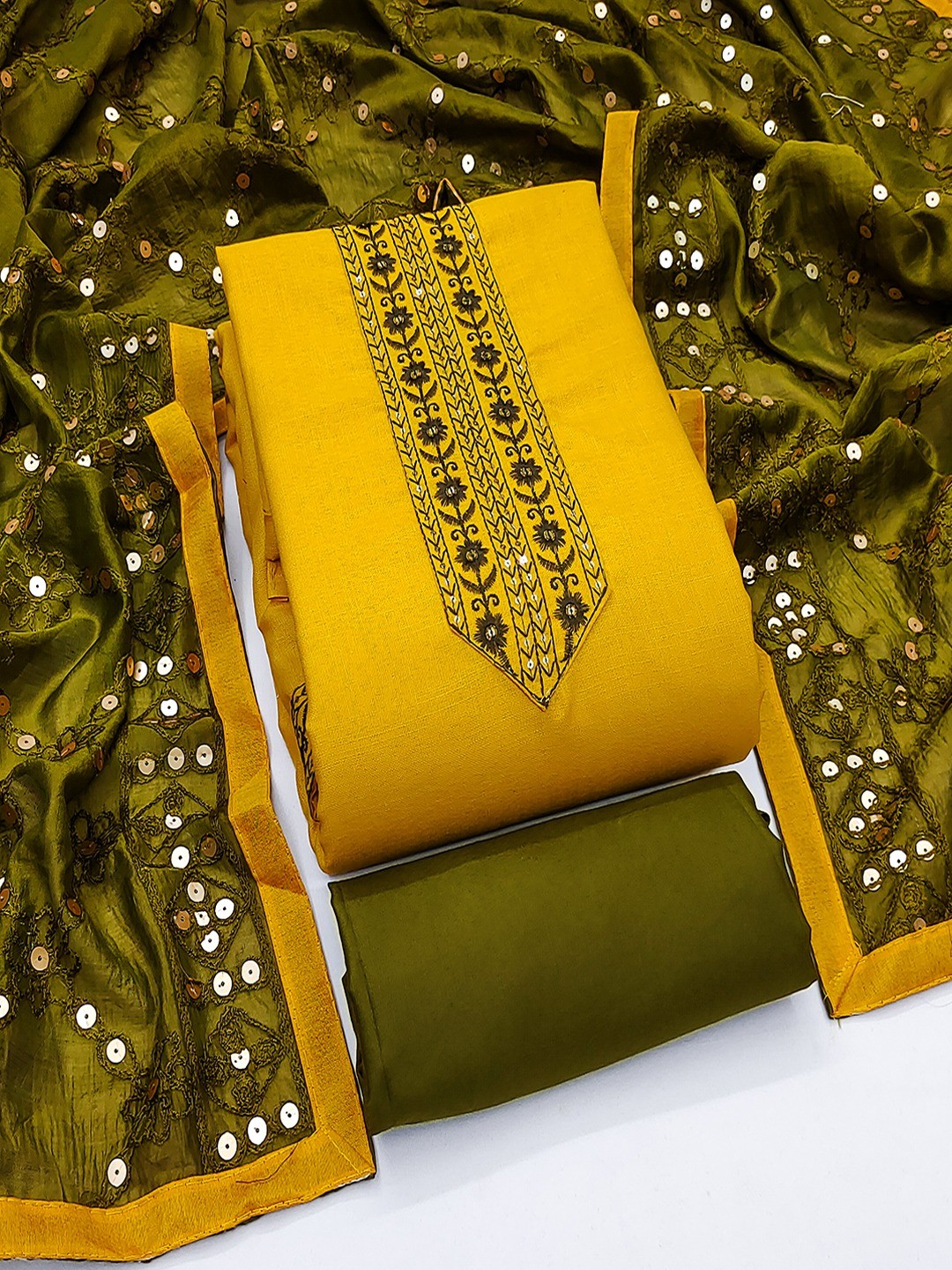 Elegant Yellow Cotton Blend Dress Material Adorned With Floral Embroidery & Delicate Sequins Work - Image 1