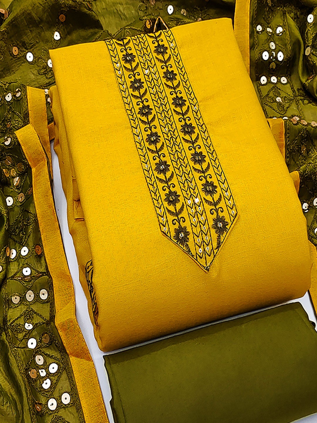 Elegant Yellow Cotton Blend Dress Material Adorned With Floral Embroidery & Delicate Sequins Work - Image 4