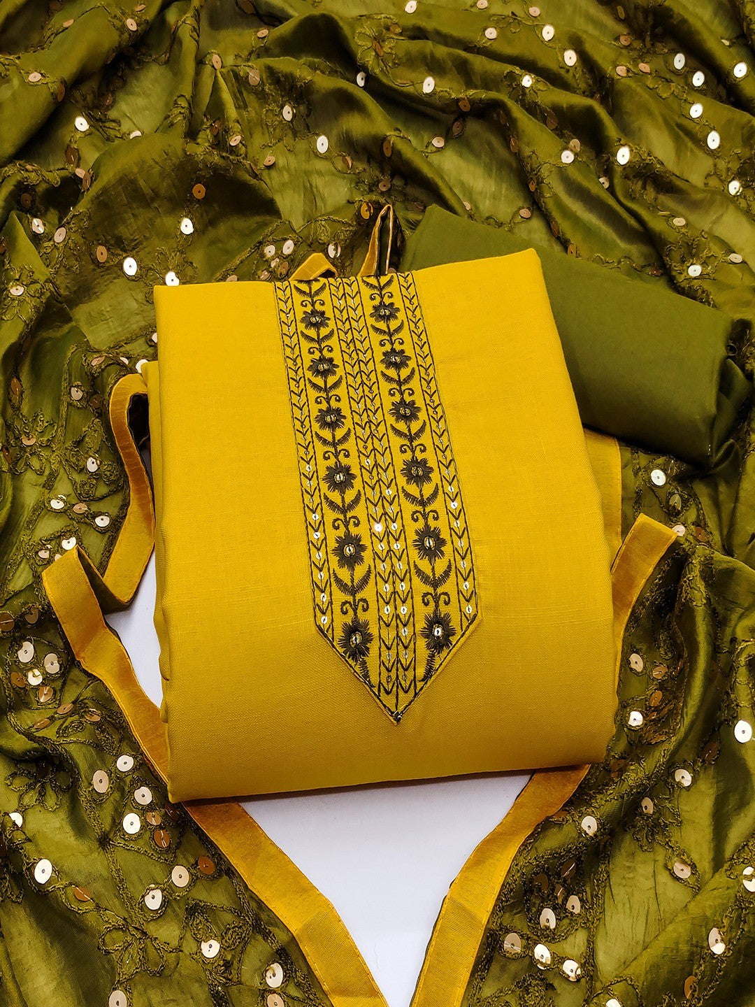 Elegant Yellow Cotton Blend Dress Material Adorned With Floral Embroidery & Delicate Sequins Work - Image 3