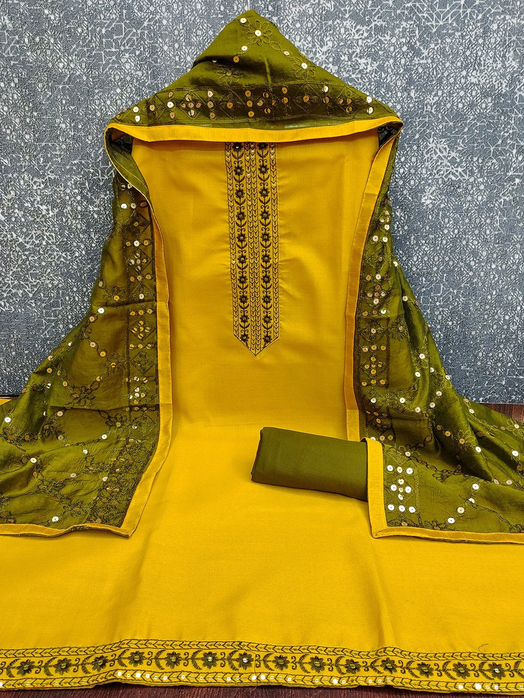 Elegant Yellow Cotton Blend Dress Material Adorned With Floral Embroidery & Delicate Sequins Work - Image 5
