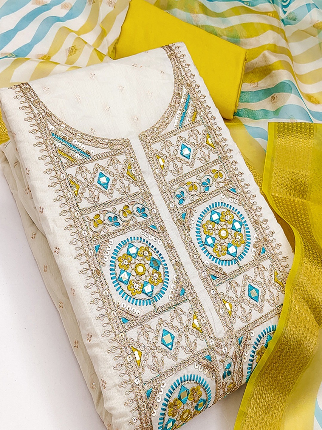Elegant Cream & Mustard Butti Weaving Chanderi Silk Dress Material With Cording Sequins Embroidery - Image 5