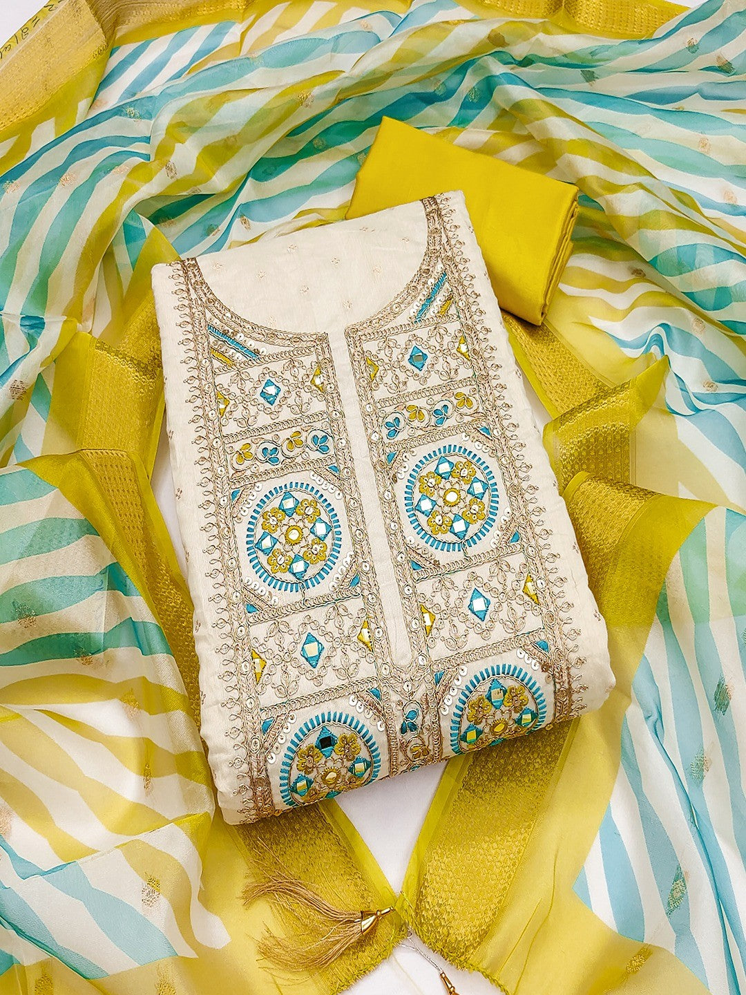 Elegant Cream & Mustard Butti Weaving Chanderi Silk Dress Material With Cording Sequins Embroidery - Image 4