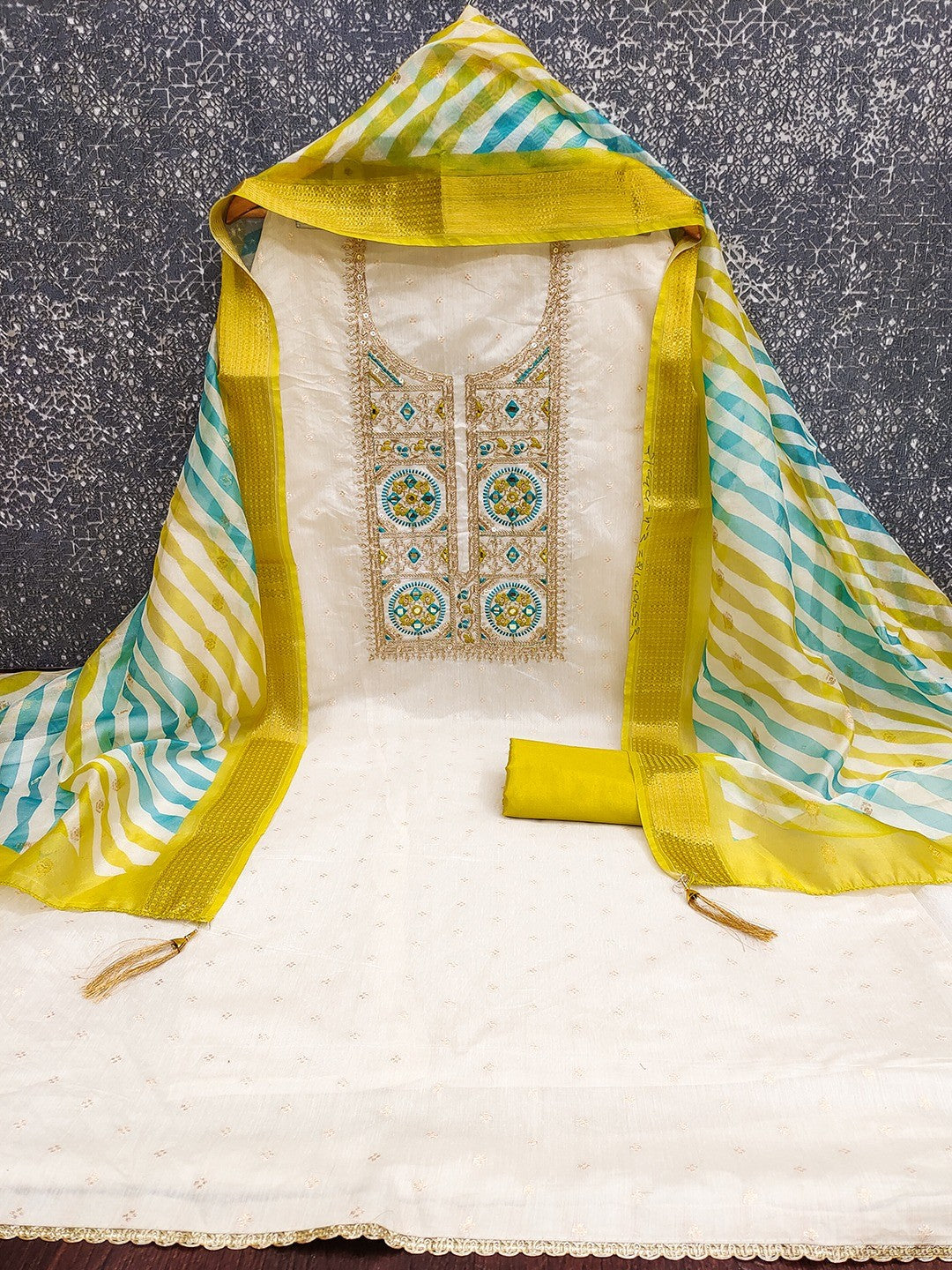 Elegant Cream & Mustard Butti Weaving Chanderi Silk Dress Material With Cording Sequins Embroidery - Image 3
